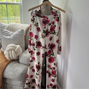 NADINE MERABI Floral Wide Leg  Pants - Red and Green on Cream